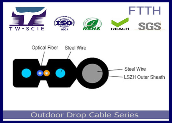 1-4 কোর FTTH ড্রপ কেবল এফআরপি / ইস্পাত শক্তি সদস্য আচ্ছাদিত ফ্ল্যাট অপটিক্যাল কেবল