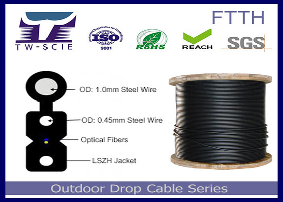 1-4 কোর FTTH ড্রপ কেবল এফআরপি / ইস্পাত শক্তি সদস্য আচ্ছাদিত ফ্ল্যাট অপটিক্যাল কেবল