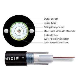 8.9 মিমি ক্যাবল ব্যাসার্ধ GYXTW 12 কোর G652D কেন্দ্রীয় লস টিউব আউটডোর এরিয়াল এবং ডক্ট পিই জ্যাকেট সহ ফাইবার অপটিক ক্যাবল তার